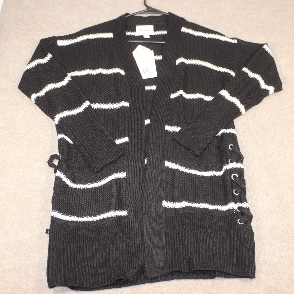 Pink Rose Womens XS Black White Striped Lace Up Side Open Front Cardigan Sweater